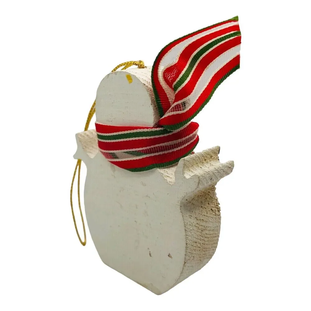 Country Wooden Block Snowman Christmas Tree Ornament Ribbon Scarf Red Green
